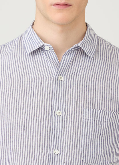 Italian Linen Short Sleeve Shirt In Navy White Linen Stripe