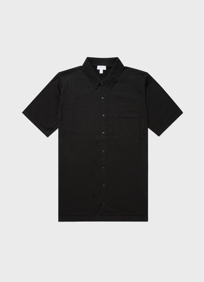 Mens Sea Island Cotton Knit Short Sleeve Shirt In Black