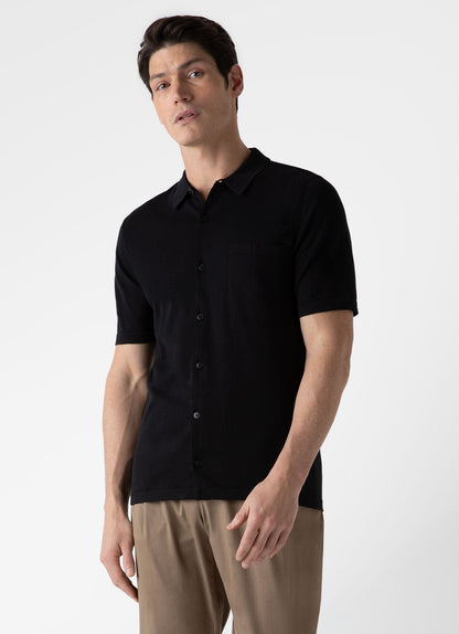 Mens Sea Island Cotton Knit Short Sleeve Shirt In Black
