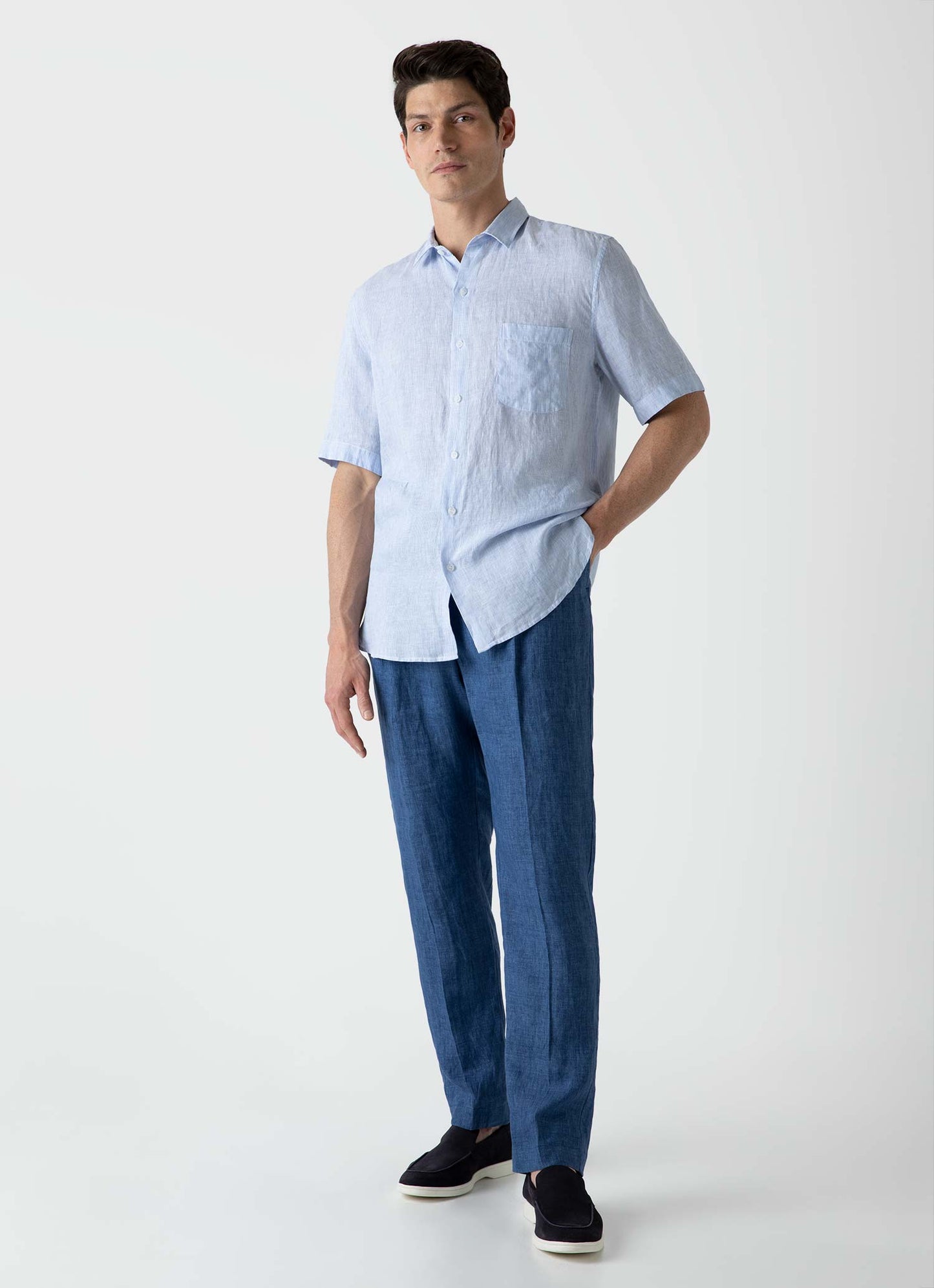 Mens Pleated Linen Trouser In Blue Melange Mtrs3049 Buht