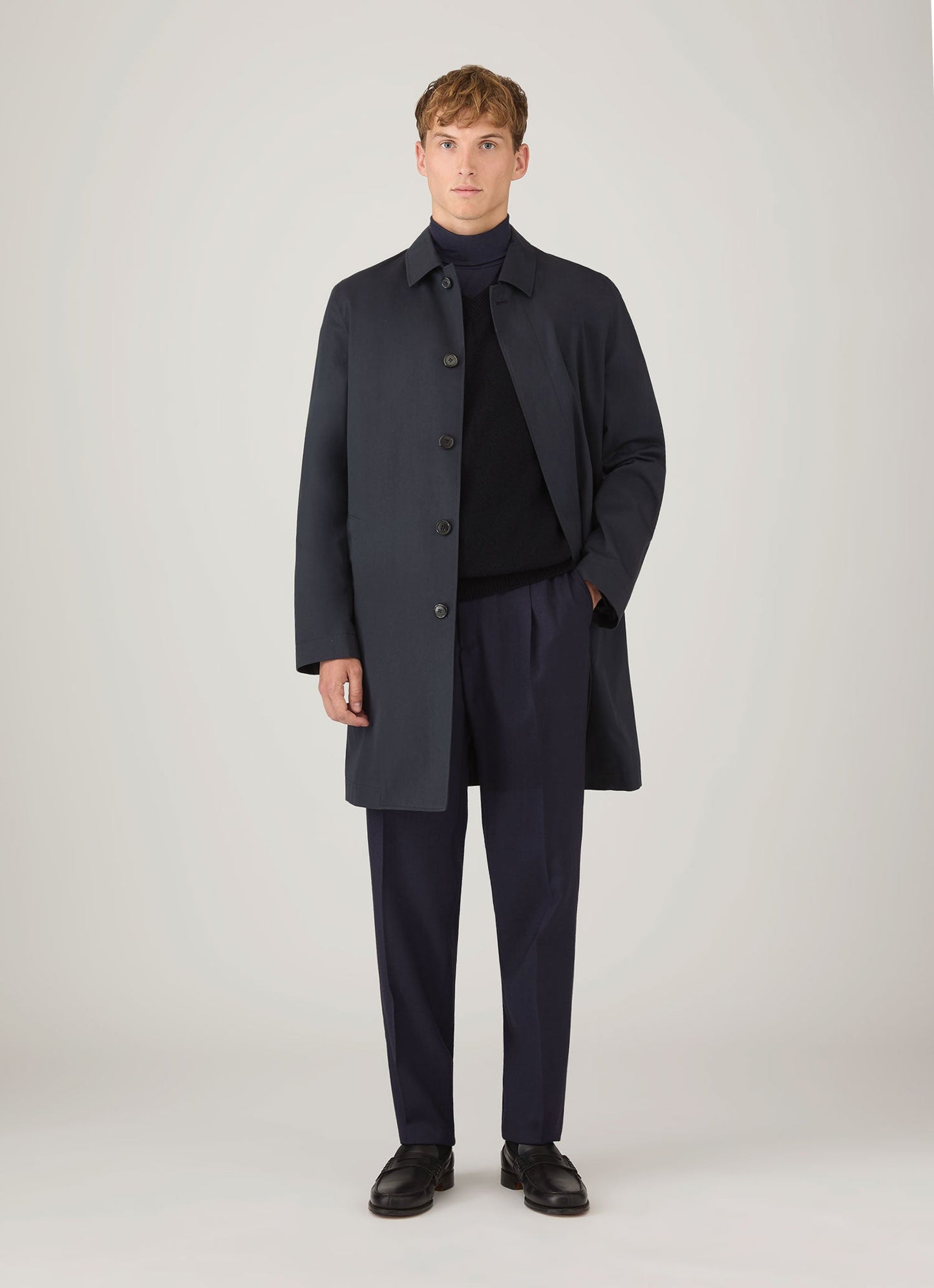 Mens Pleated Wool Twill Trouser In Navy Mtrs3122 Buaa