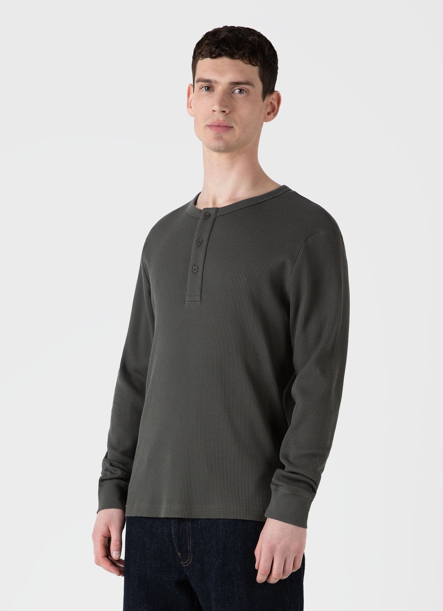 Mens Long Sleeve Waffle Henley In Drill Green Mtsh0162 Gnhv