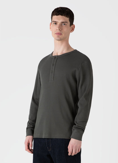 Mens Long Sleeve Waffle Henley In Drill Green Mtsh0162 Gnhv