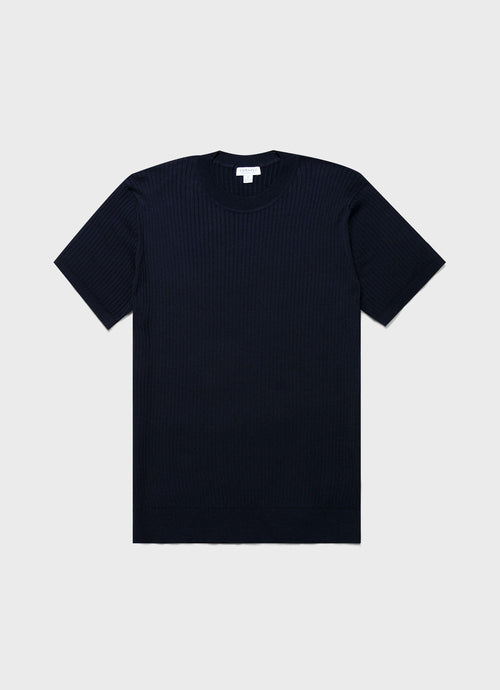 Mens Fine Rib Silk Cotton Tshirt In Navy Mtsh8240 Buaa