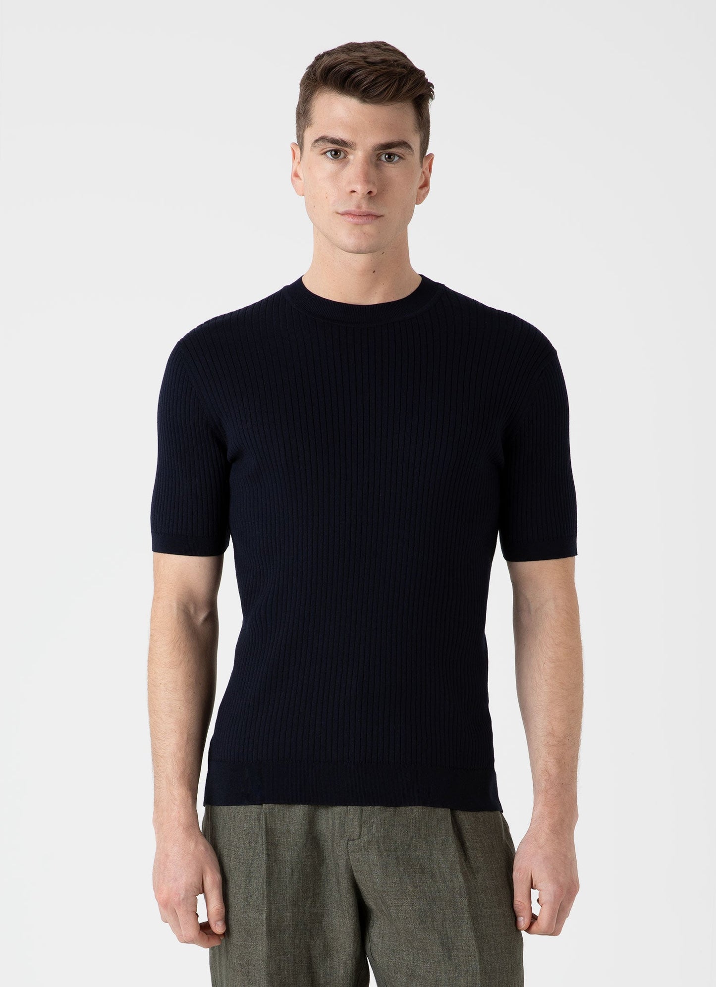 Mens Fine Rib Silk Cotton Tshirt In Navy Mtsh8240 Buaa