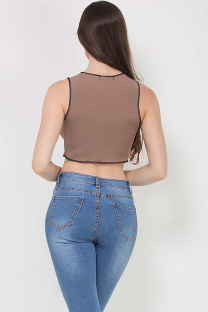 Contrast Overlock Stitch Ribbed Crop Top Brown
