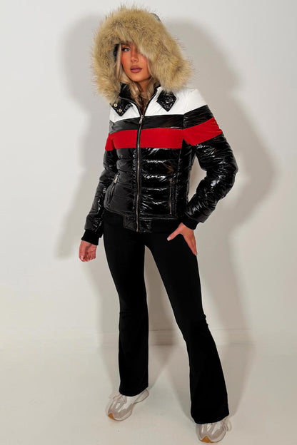 Black Shiny Puffer Faux Fur Hood Jacket With Red White Panel