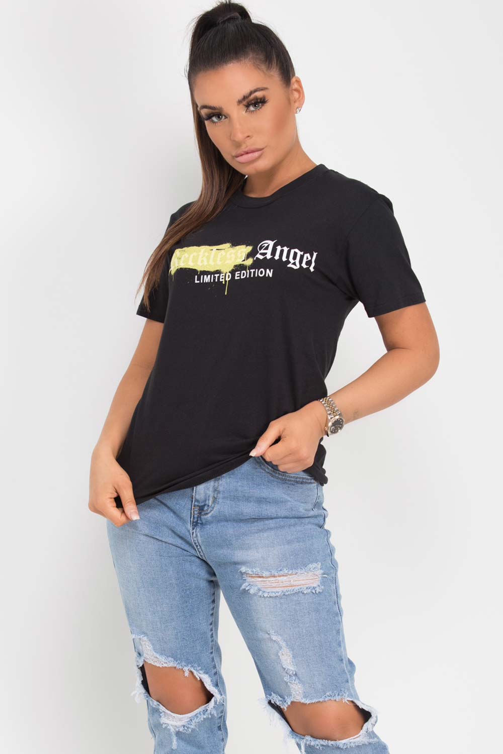 Black T Shirt With Reckless Angel Slogan
