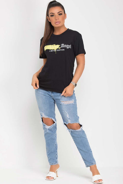 Black T Shirt With Reckless Angel Slogan