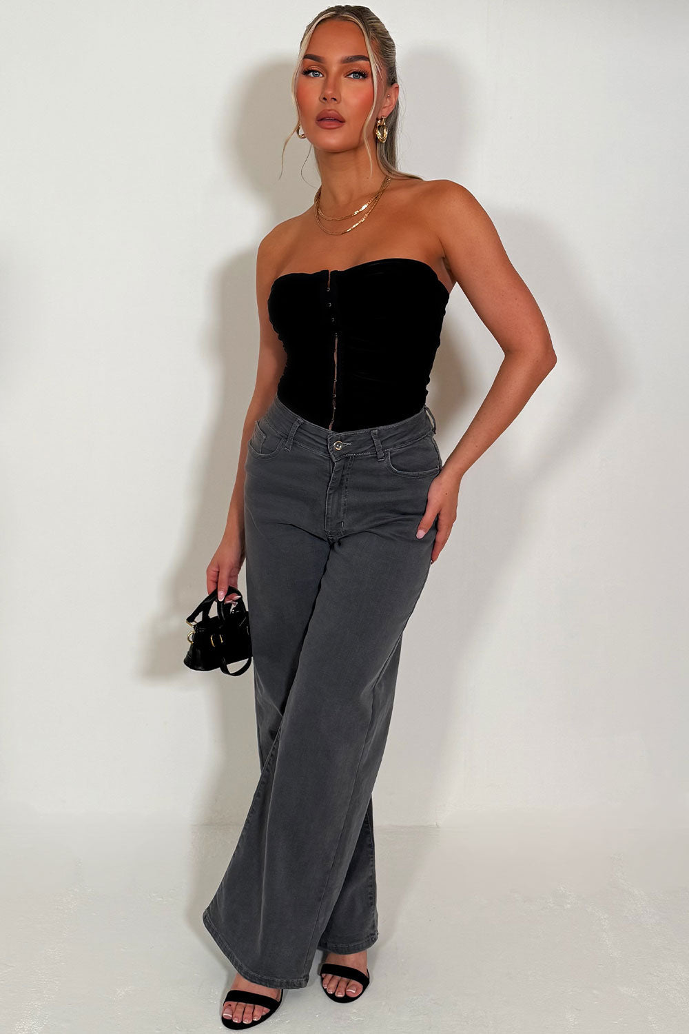 Denim Stretchy Wide Leg Jeans Grey