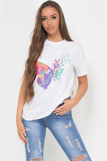 Butterfly Print T Shirt White